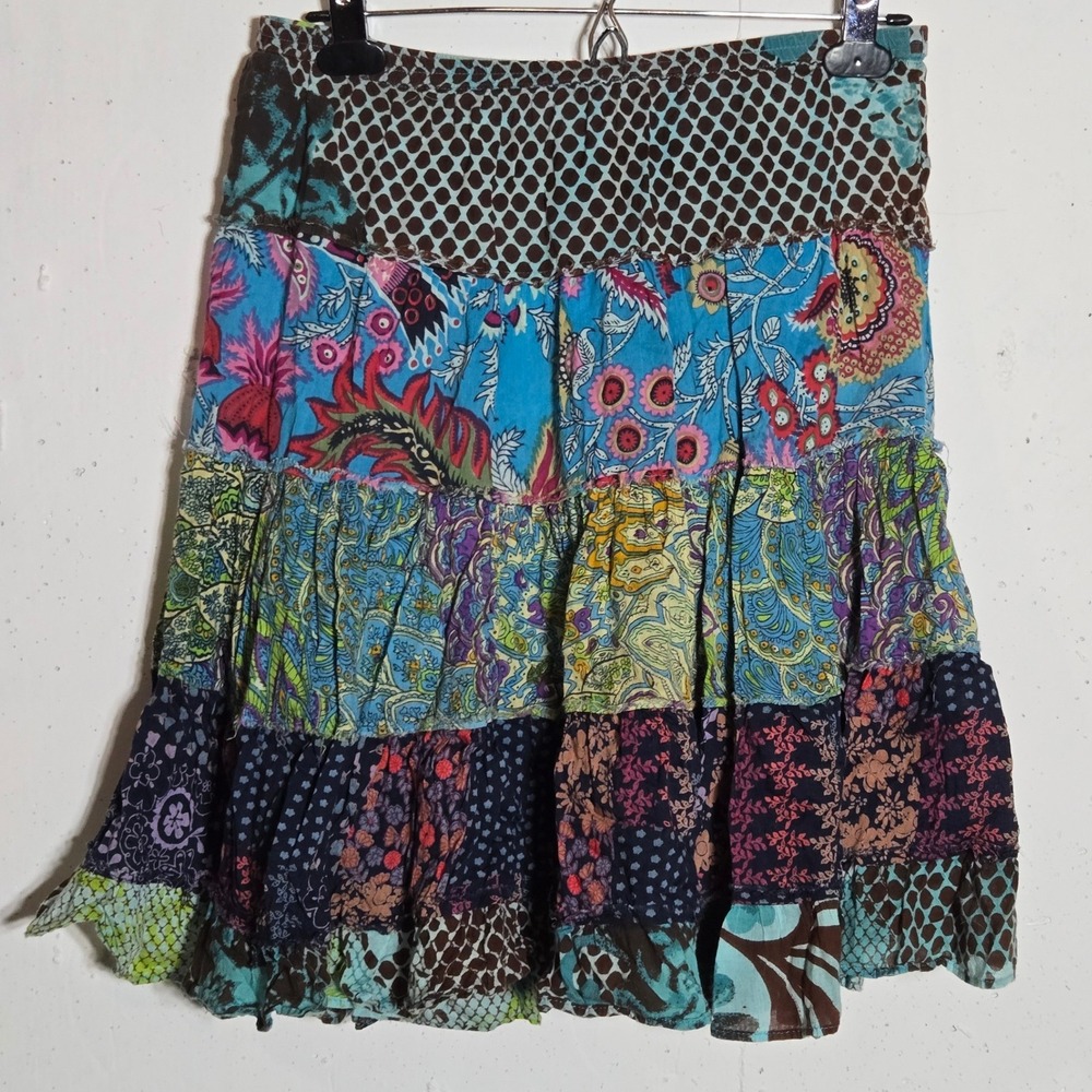 Energie Patchwork Tiered Mini Skirt M Floral Paisley Boho Hippie Cottage Y2k